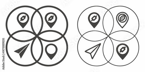 Interconnected Location Icons Map Pins Paper Plane Network Design Modern Minimalist Style Grey Scale Graphic Design
