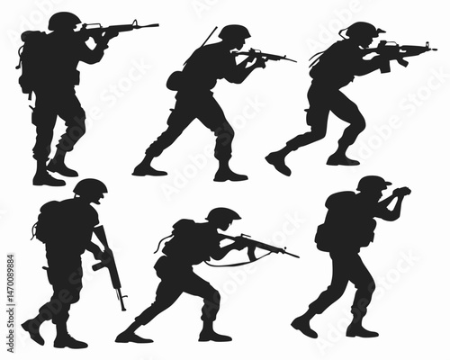 Silhouettes of soldiers in combat action poses showcasing military preparedness and strategic maneuvers Black and white