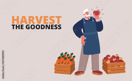 Cartoon vector illustration of an elderly farmer holding an apple, with crates of carrots and apples beside him, symbolizing harvest and rural life