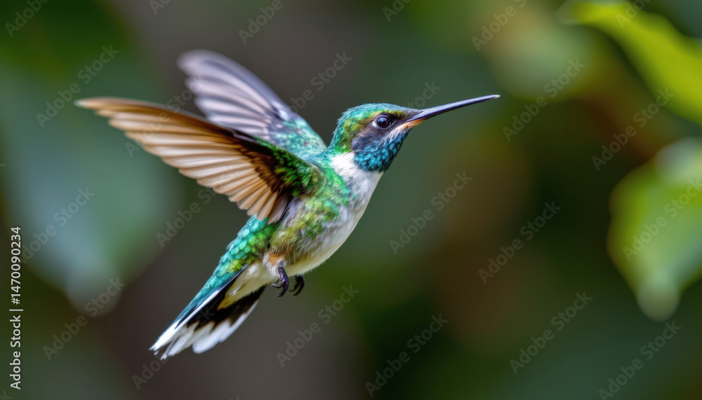 Close-up of wildlife bird, hummingbird, in nature. A vibrant hummingbird in mid-flight showcasing its iridescent feathers against a blurred green background. Close-up of wildlife bird, hummingbird, in nature. A vibrant hummingbird in mid-flight showcasing its iridescent feathers against a blurred green background.