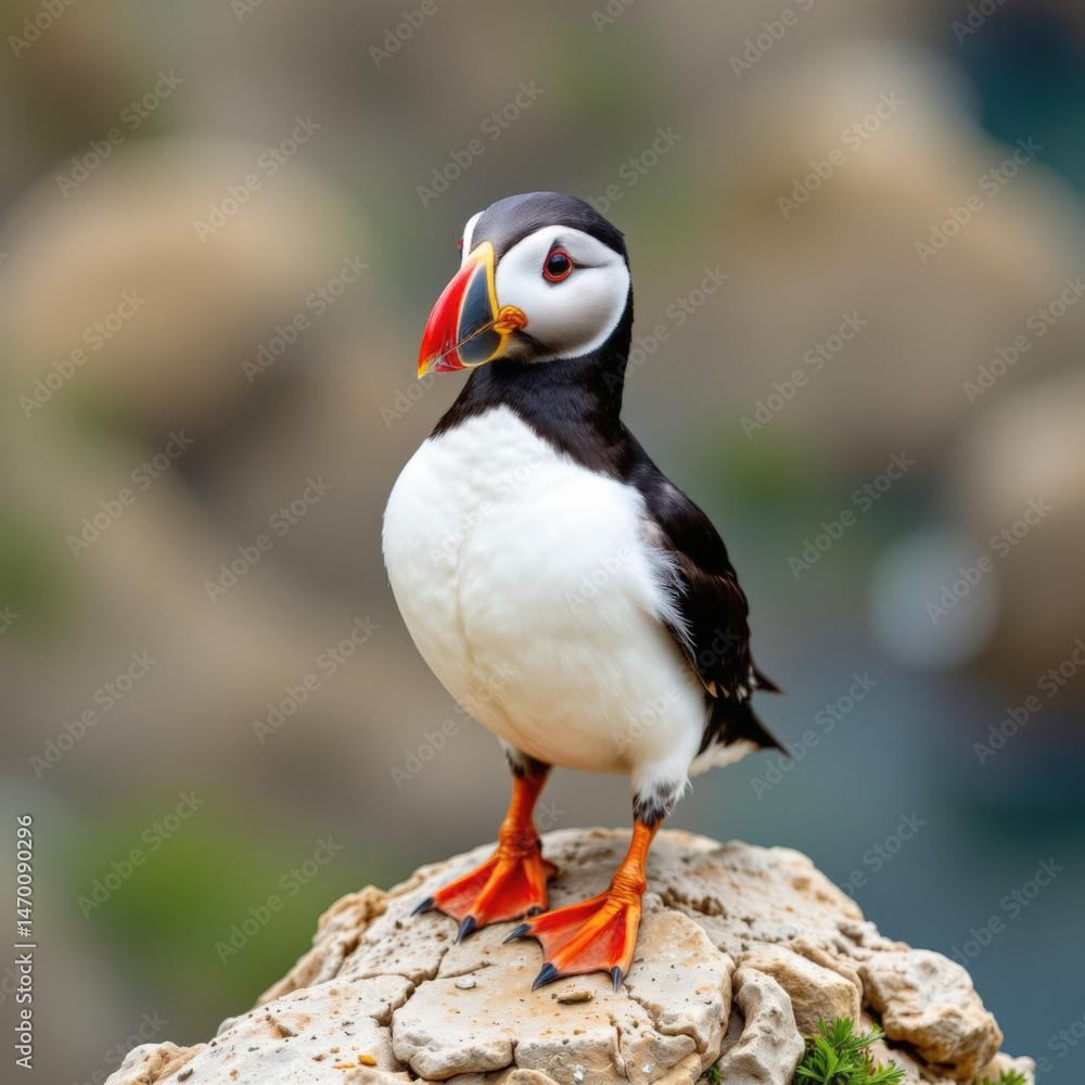 Close-up of wildlife bird, puffin, in nature. A colorful puffin stands proudly on a rocky perch, showcasing its unique beak and vibrant plumage against a blurred background. Close-up of wildlife bird, puffin, in nature. A colorful puffin stands proudly on a rocky perch, showcasing its unique beak and vibrant plumage against a blurred background.