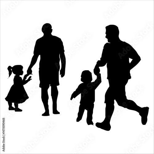 Father Son baby children Father with kids vector silhouette illustration isolated on white background gild. Dad and two sons walking the street and holding hands. Fathers day.