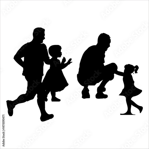 Father Son baby children Father with kids vector silhouette illustration isolated on white background gild. Dad and two sons walking the street and holding hands. Fathers day.