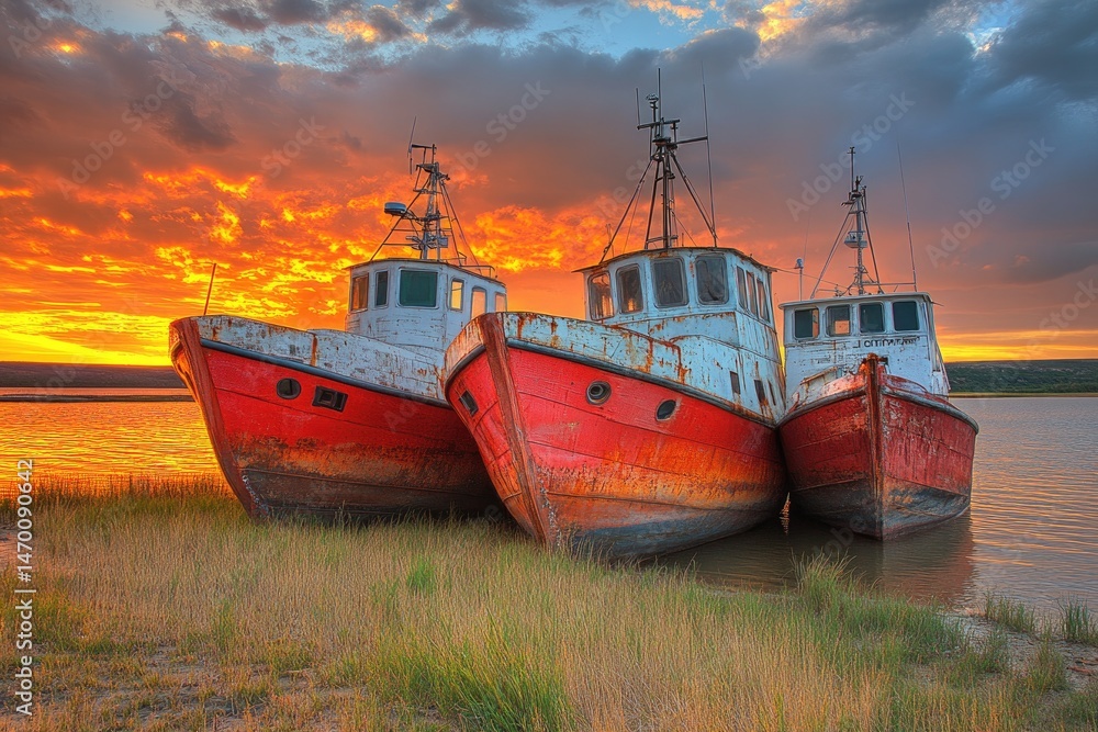 Fototapeta premium Rusty fishing boats at sunset