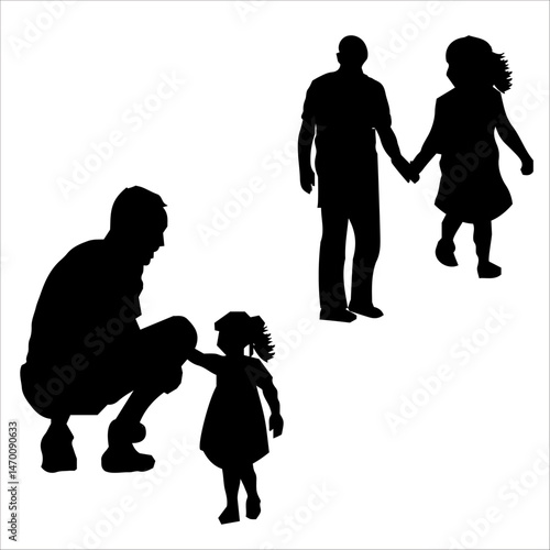 Father Son baby children Father with kids vector silhouette illustration isolated on white background gild. Dad and two sons walking the street and holding hands. Fathers day.