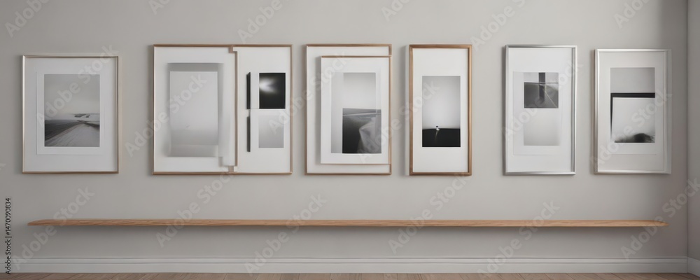 Fototapeta premium Empty frames on minimalist gallery wall, modern home interior, simple, contemporary home, style