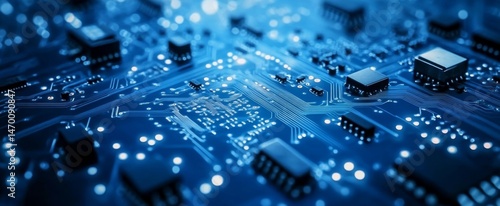 Abstract blue circuit board background vector presentation design with dots and lines on a dark color, technology concept.