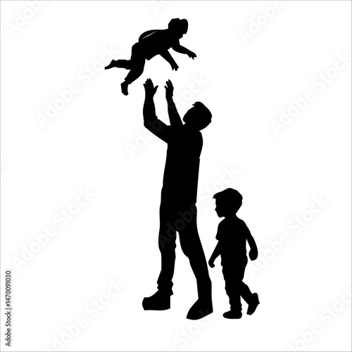 Father Son baby children Father with kids vector silhouette illustration isolated on white background gild. Dad and two sons walking the street and holding hands. Fathers day.