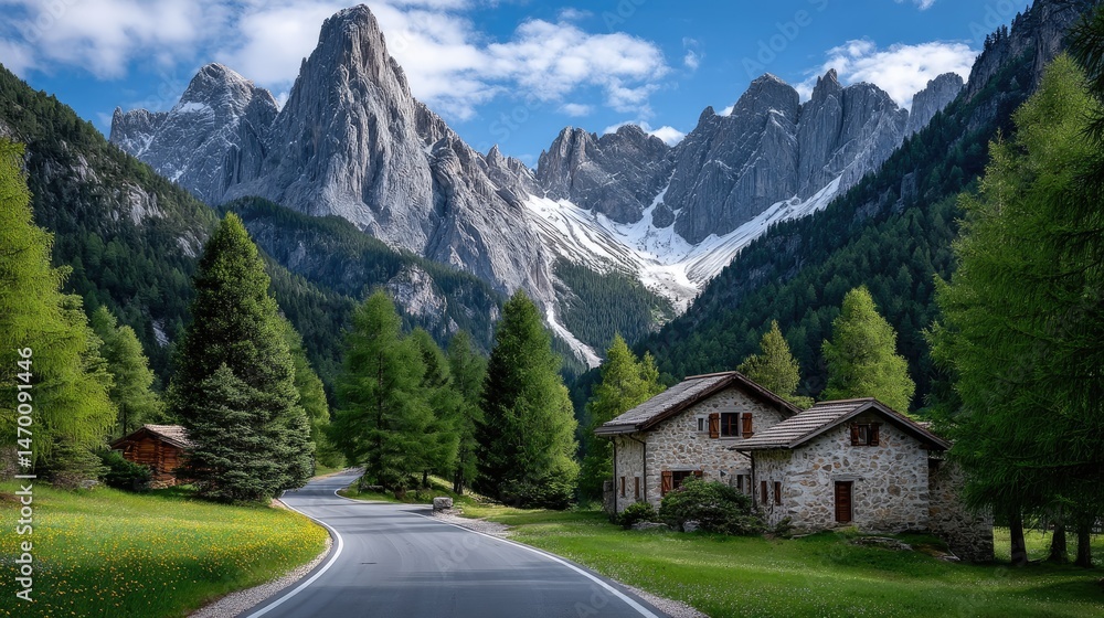 A picturesque mountain range in the Dolomites, Italy, with green grass and a road leading to it. A picturesque mountain range in the Dolomites, Italy, with green grass and a road leading to it.