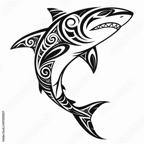 Powerful Tribal Shark Tattoo Design Bold Black Ink Art Intricate Polynesian Style Leaping Predator Graphic Vector
