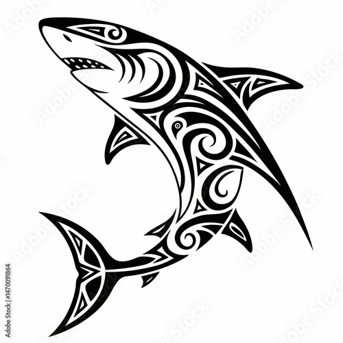Powerful Tribal Shark Tattoo Design Bold Black Ink Art Oceanic Predator Maori Style Swirling Patterns Sharp Fin Detail