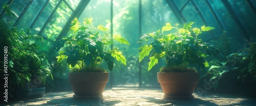 Plants in a greenhouse, bathed in sunlight