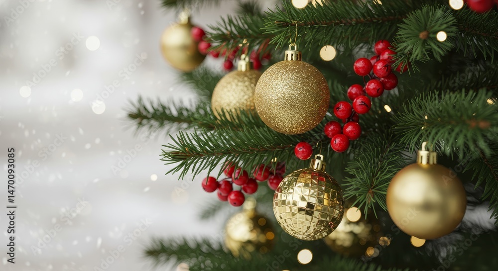 Sparkling Christmas Tree Ornaments - Close-up of a decorated Christmas tree branch with gold ornaments and red berries. Festive holiday Sparkling Christmas Tree Ornaments - Close-up of a decorated Christmas tree branch with gold ornaments and red berries. Festive holiday