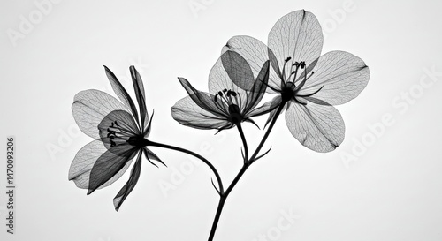 Abstract Grayscale X-ray of Delicate Flower Branch - Ethereal Botanical Illustration