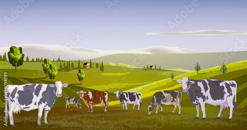 Livestock farm with cow, cattle on farming land view background vector illustration. Agricultural and harvest theme design.