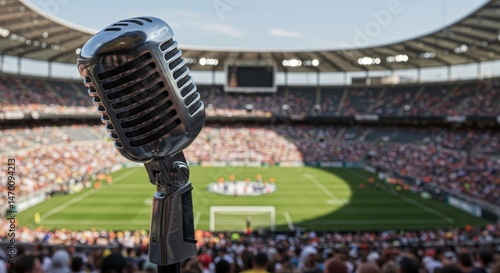 Stadium Microphone Announcement - Close-up of a vintage microphone in front of a large stadium filled with spectators