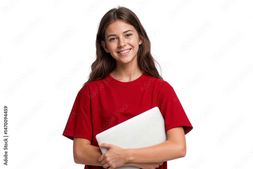 Portrait of a smiling teenage girl holding a laptop, modern education and digital learning concept, isolated on transparent background Portrait of a smiling teenage girl holding a laptop, modern education and digital learning concept, isolated on transparent background