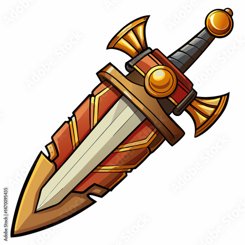 A Roman gladius with bronze guard and leather scabbard, vector on white.