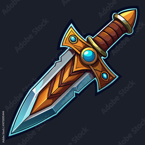 A stealthy warrior dagger with leather grip, vector on black background.