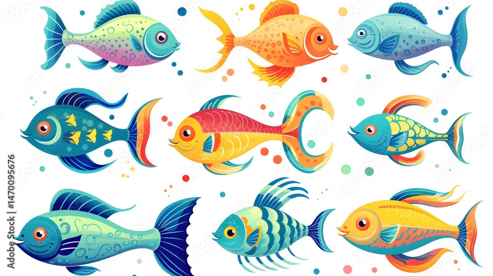 Fototapeta premium Colorful collection of comical cartoon fish illustrations for aquatic designs