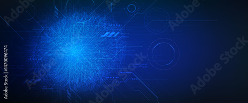 AI technology background with blue glowing circuits and digital HUD, featuring clean layout space on the right. Ideal for innovation, machine learning, or tech presentations.