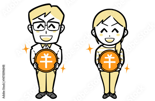 日本円の硬貨を持つ、普段着の若い夫婦