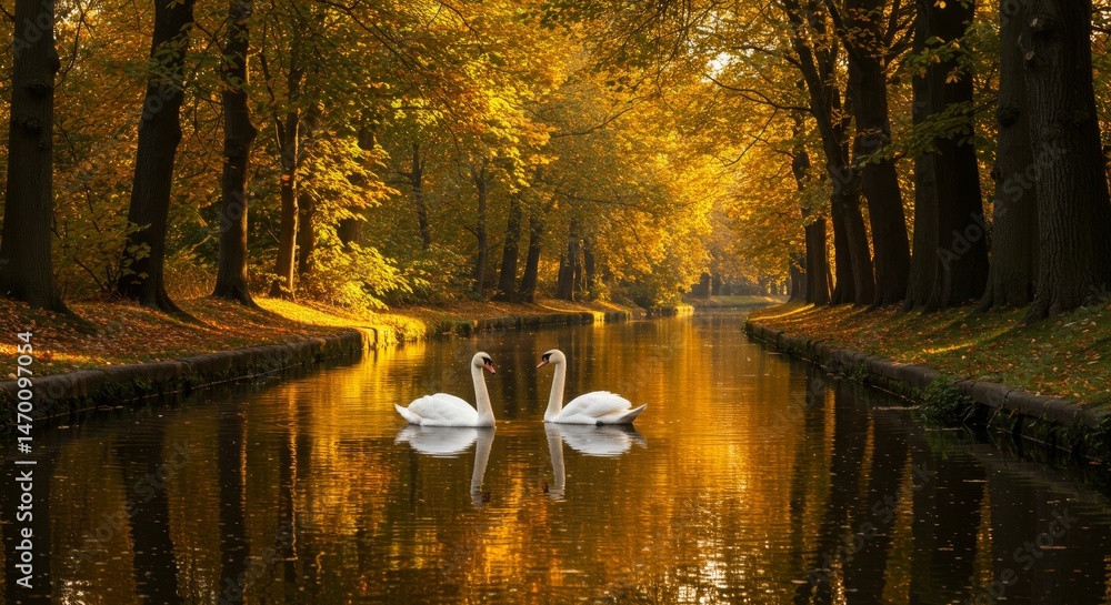 Fototapeta premium Swans in Autumn Canal - Two graceful swans swim on a calm canal, surrounded by vibrant autumn foliage. Golden sunlight reflects on the water. Peaceful autumn scene