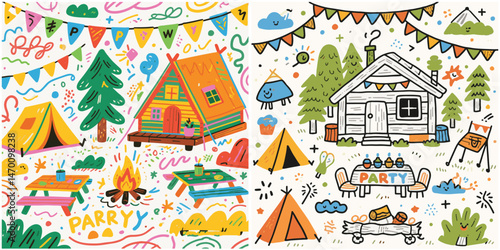 Two vector summer-themed designs, each featuring a log cabin at a party.