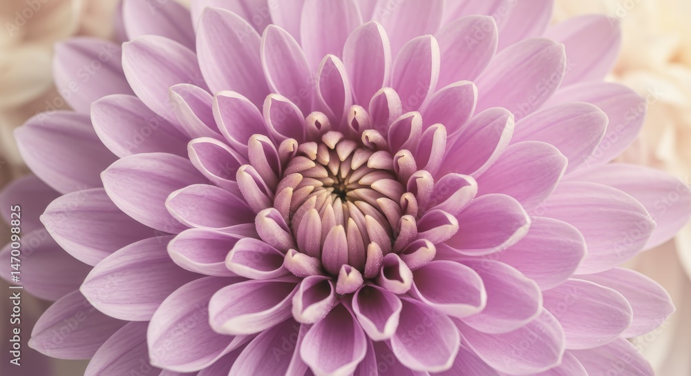 Obraz premium Up Close View of Vibrant Lavender Chrysanthemum - Delicate lavender chrysanthemum petals, symbolizing beauty, purity, joy, longevity, and optimism. A soft