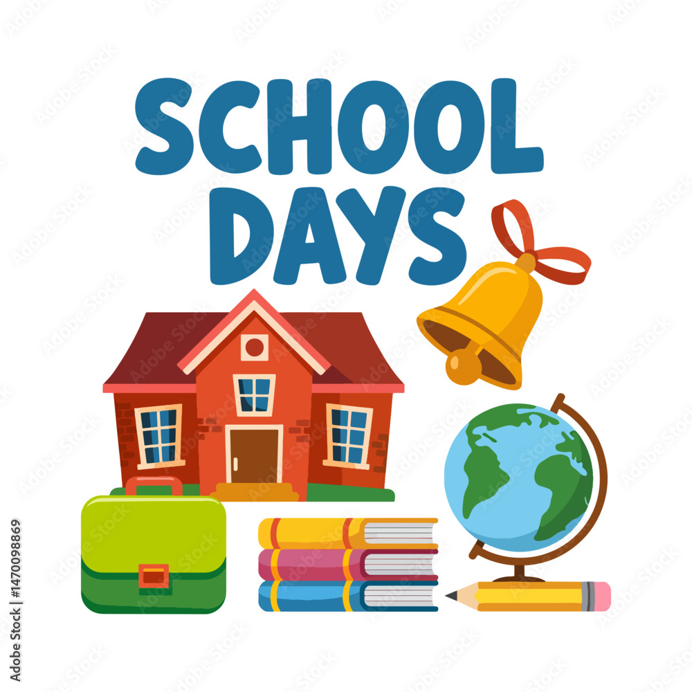 Fototapeta premium Colorful School Days Illustration with Books, Bell, and Globe