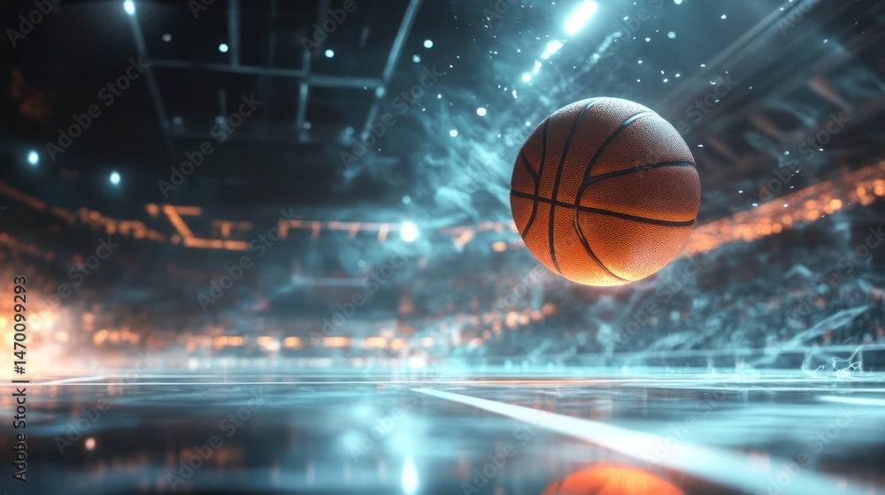 Basketball in mid-air, a dynamic shot of the ball soaring above a packed arena. The scene is filled with vibrant lighting, smoke, and a sense of intense energy Basketball in mid-air, a dynamic shot of the ball soaring above a packed arena. The scene is filled with vibrant lighting, smoke, and a sense of intense energy