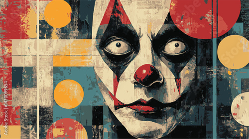 Grunge Style Portrait Of Evil Clown On Abstract Pattern Background With Circles And Textured Details