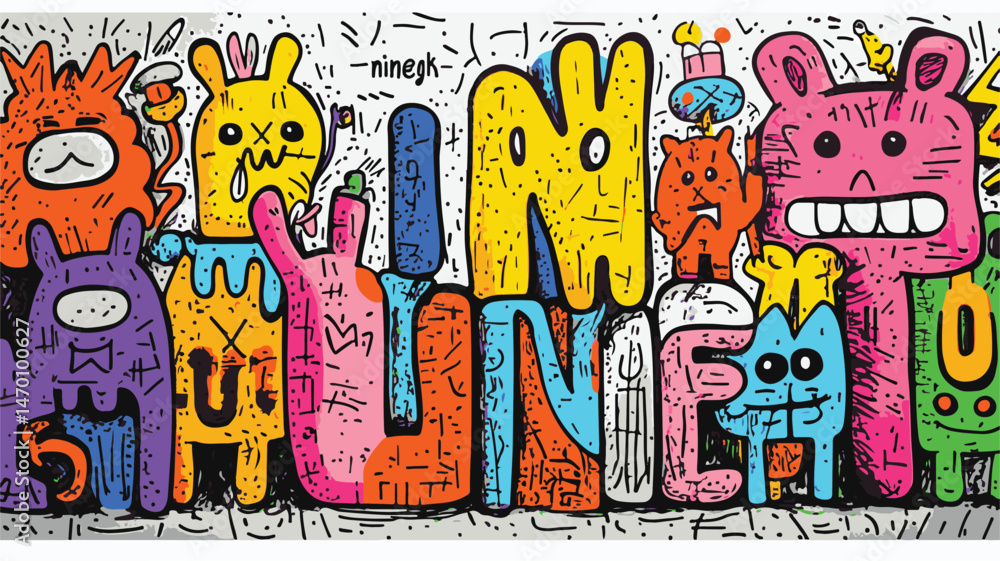 Obraz premium Playful Cartoon Characters Forming Stay In Line Message On Graffiti Background,Creative Design