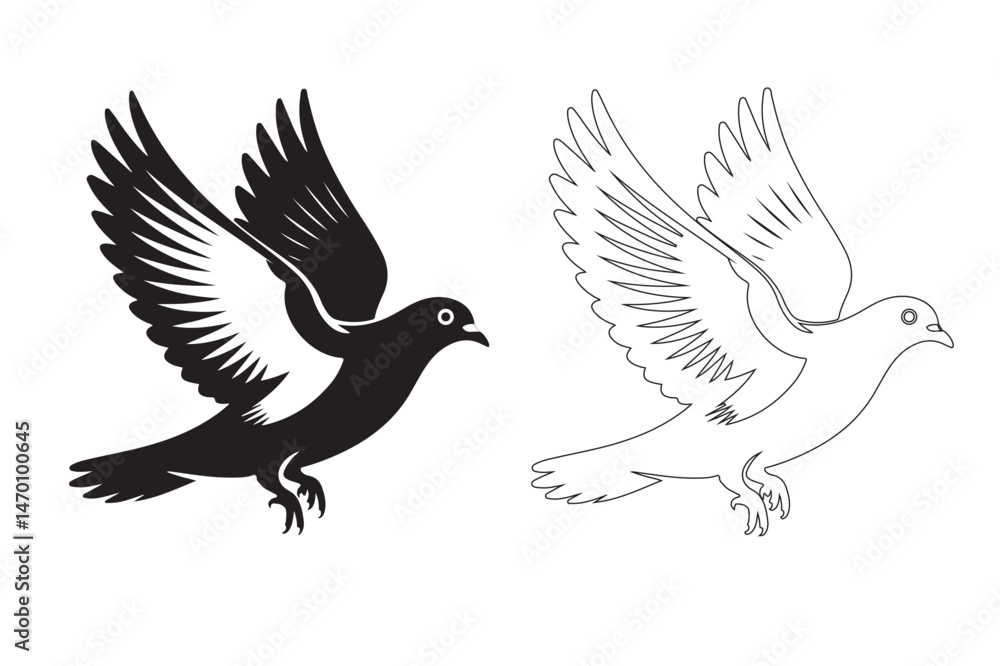 Obraz premium A Pigeon in Flight, Rendered as a Black and White Vector Illustration with Detailed Wings.
