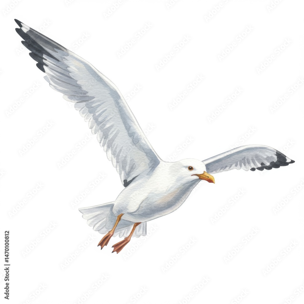Obraz premium Watercolor Painting of a White Seagull in Flight