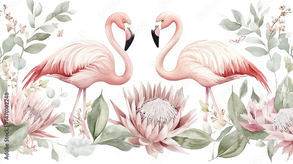 Naklejka premium Elegant Flamingo Watercolor Painting Amidst Botanical Floral Arrangements