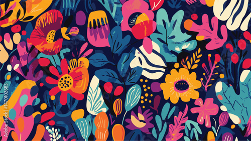 Colorful Floral Pattern With Abstract Shapes And Bold Colors On A Dark Navy Background