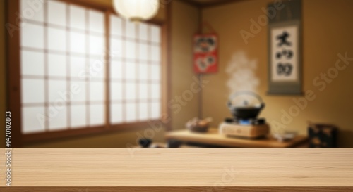 Wooden Tabletop in Blurred Japanese Kitchen Setting - A clean, empty wooden table in front of a softly blurred Japanese kitchen scene. Symbols of warmth, serenity, tradition, culinary artistry