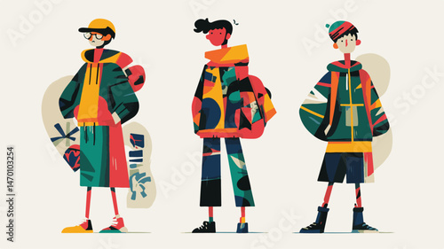 Stylized Vector Illustration Of Three Fashionable Young Men In Modern Urban Outfits With Geometric Patterns