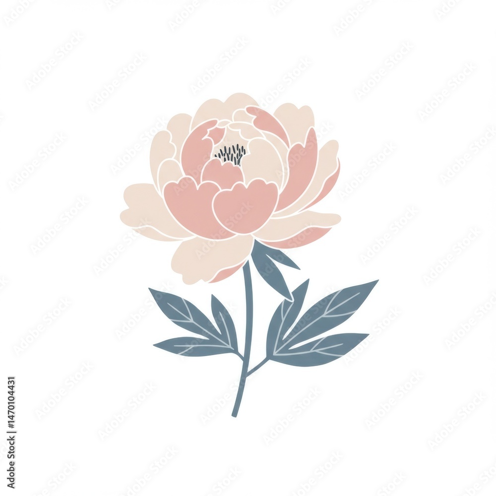 Fototapeta premium Pastel Pink Peony Flower with Gray Leaves Illustration