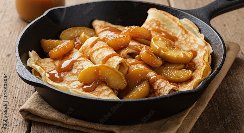 Delicious apple crepes with caramel sauce in a skillet on a rustic table Delicious apple crepes with caramel sauce in a skillet on a rustic table