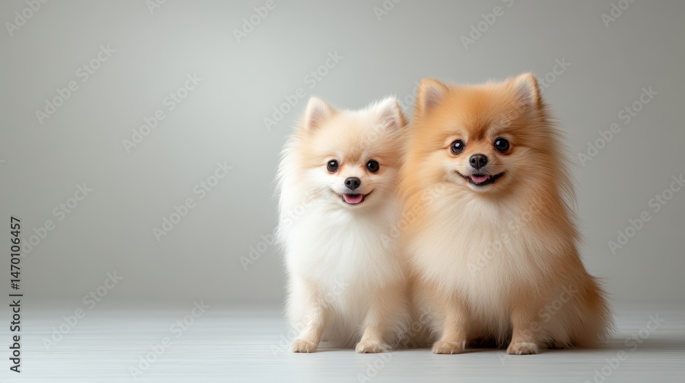 This delightful image captures two Pomeranian puppies smiling together against a soft light backdrop, showcasing their adorable features and cheerful disposition in a harmonious duo. This delightful image captures two Pomeranian puppies smiling together against a soft light backdrop, showcasing their adorable features and cheerful disposition in a harmonious duo.