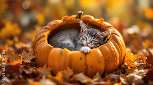 Adorable Kitten Napping in a Pumpkin Autumn Charm
