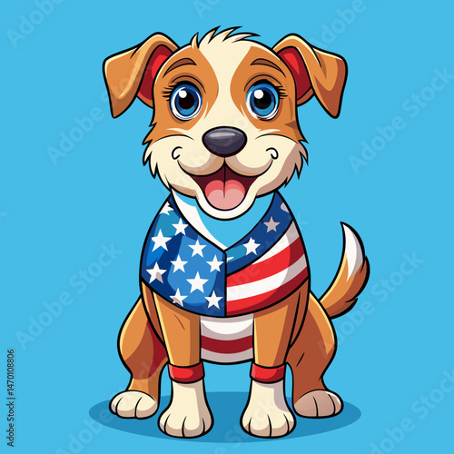 Vector illustration of a funny Dachshund dog wearing red glasses and a scarf in the color of the American flag. Pop Art Poster for Independence Day of America