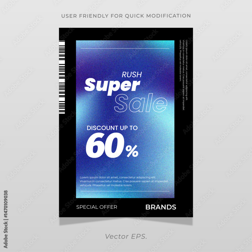 Fototapeta premium Editable vector sale flyer with modern rush super sale text and futuristic neon blue gradient for 60 percent promotion offer