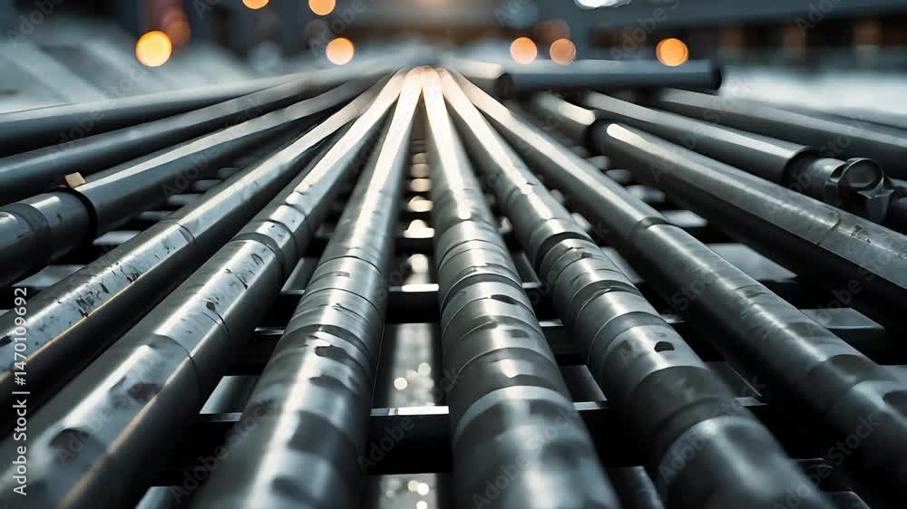Close-up view of industrial metal pipes arranged in parallel lines with shallow depth of field and factory lights in a manufacturing facility

