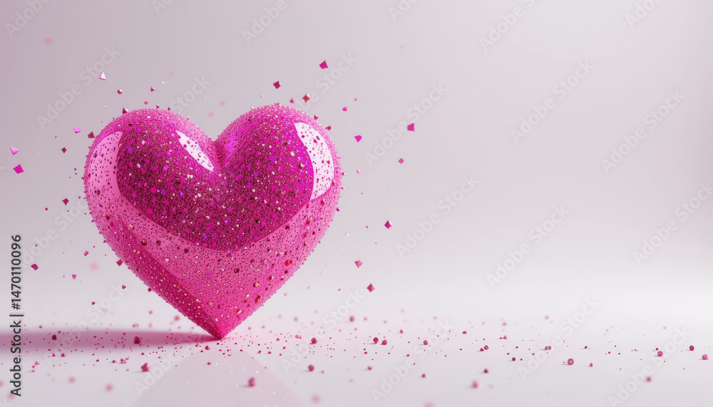 Pink glitter heart, sparkling, shiny, romantic, 3D, isolated on light background, joyful and festive mood Pink glitter heart, sparkling, shiny, romantic, 3D, isolated on light background, joyful and festive mood