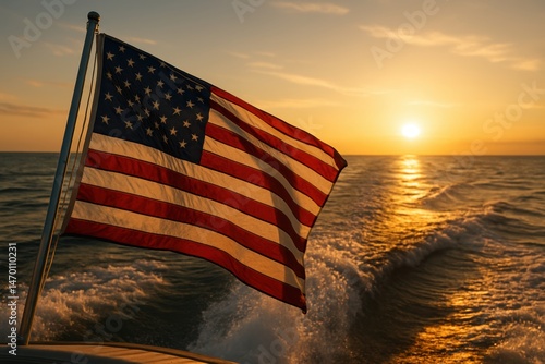 American flag waves proudly at the back of a boat during a golden sunset on the ocean, symbolizing freedom, patriotism, and summer adventure on the 4th of July or Memorial Day weekend.

