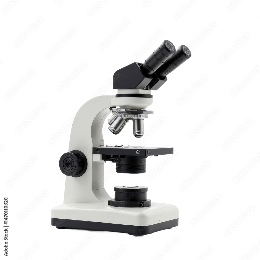 A microscope on a white surface with a white background. A microscope on a white surface with a white background.