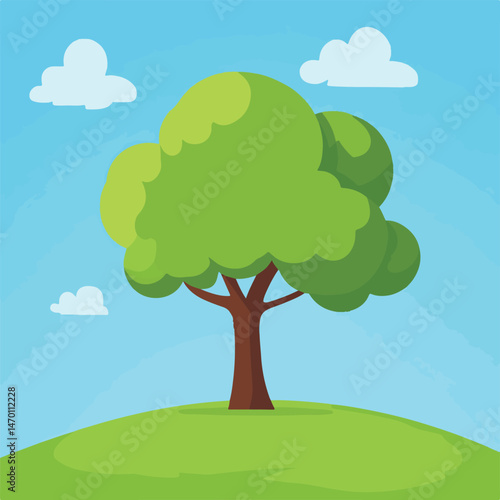 Cartoon Landscape With Green Tree,Hill,And Blue Sky For Childrens Illustration Backgrounds And Design
